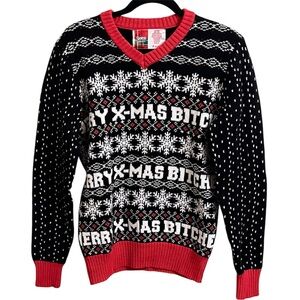 Tipsy Elves Merry Christmas B*tches Black and Red V-Neck Holiday Sweater Small